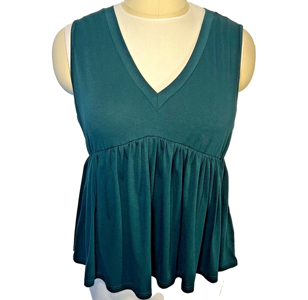 AMZplus Sleeveless Peplum Top Womens XL Forest Green Ruffled Hem V-Neck